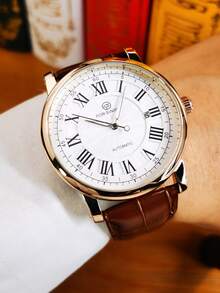 1pc Fashion Casual Automatic Mechanical Watch For Men Business Calendar Luminous Hands Leather Strap Classic Luxury Men Watches - one-size - View 13