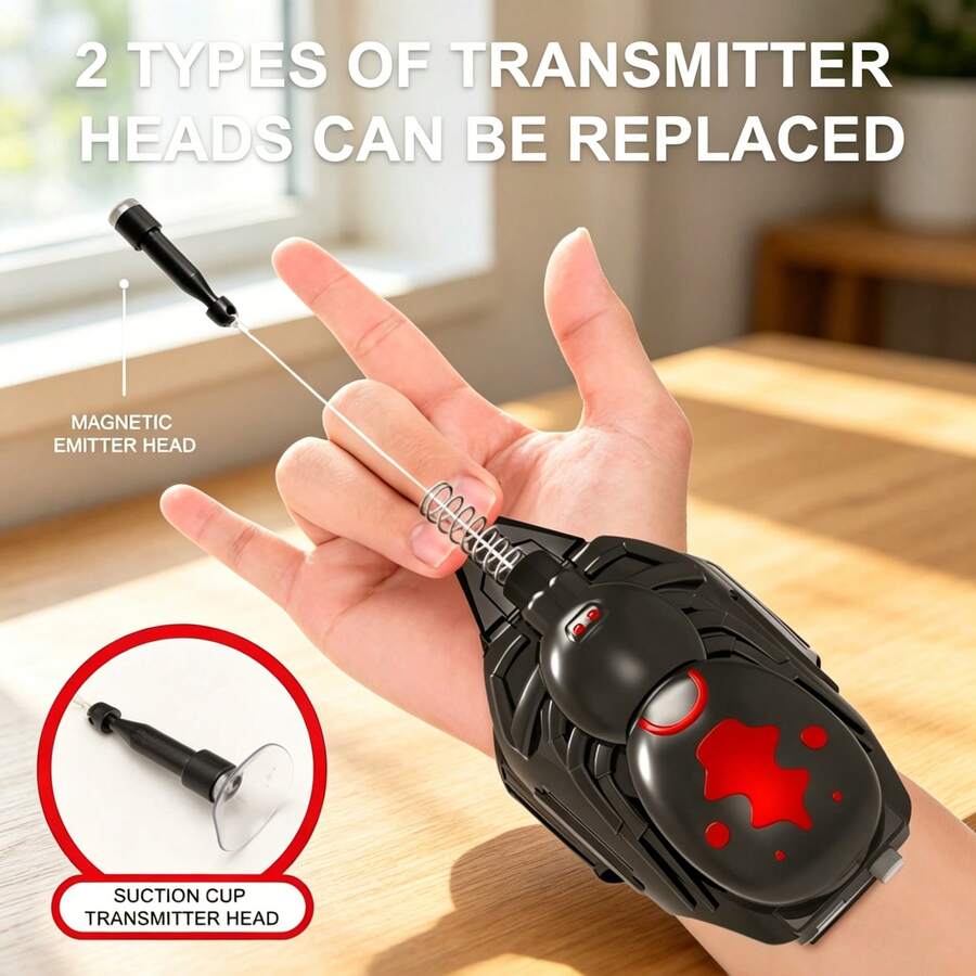 電動蜘蛛網發射器手腕玩具，一鍵自動收縮蜘蛛發射器，雙吸盤與磁吸模式，射程可達 2.4m，萬聖節 Cosplay 服裝道具，新穎互動玩具，適合兒童與青少年的生日禮物，蜘蛛迷必備