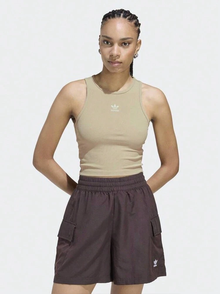 adidas originals Top ESSENTIALS RIBBED圓領修身套頭 運動背心 女款 - 卡其色 - 查看 1