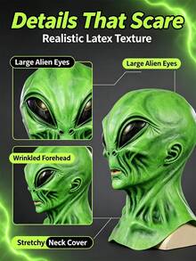 Full Head Green Alien Latex Mask, Realistic Extraterrestrial Cosplay Mask, Breathable Halloween Party Dress Up Prop, Funny Prank Gift Photography Booth Prop For Adults Men - Multiple Styles - View 2