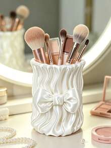Cute Bow Satin Makeup Brush Holder, Pleated Silky Cosmetic Storage Cup, Decorative Desktop Storage Container Suitable For Vanity, Girls Makeup Accessories - Multicolor - View 4