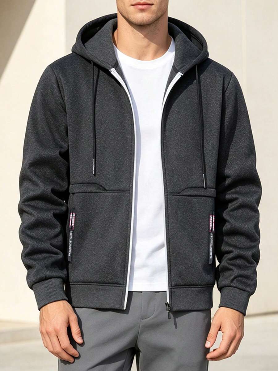 1pc Men's Autumn/Winter Hooded Sweatshirt, Dark Gray Loose Zip-Up Jacket, Outdoor Daily Sports Outerwear - Dark Grey - View 1