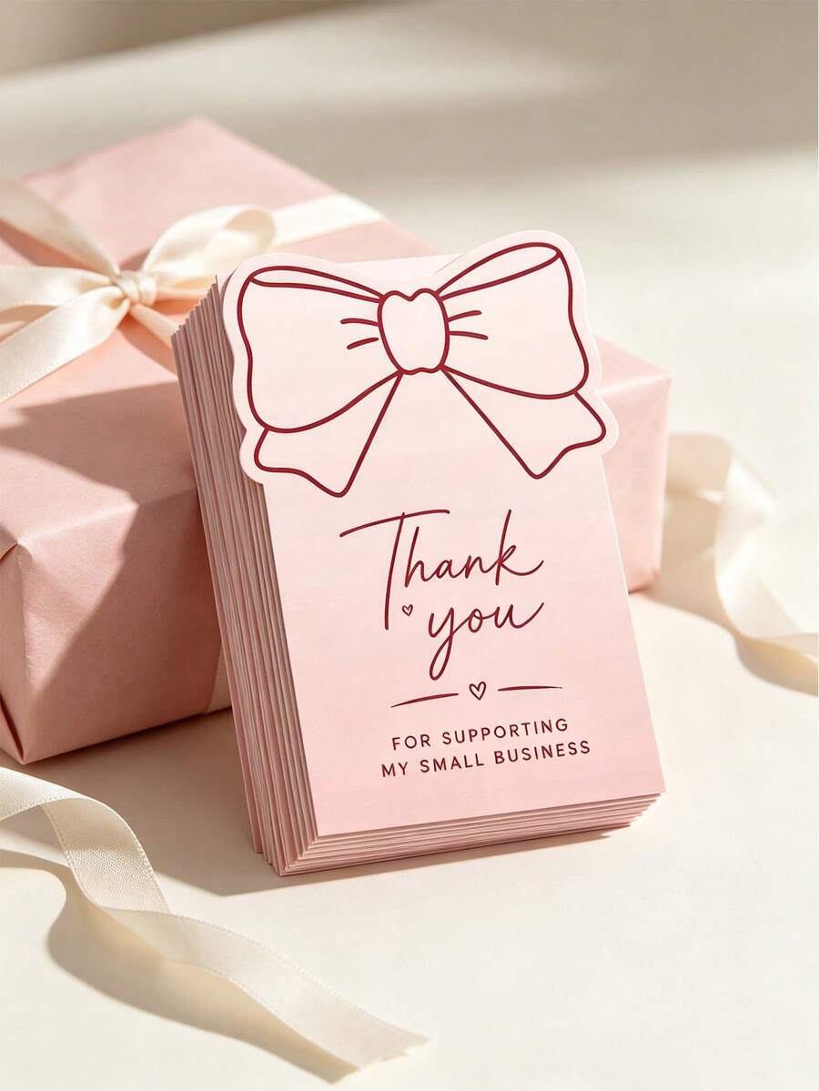 10/20/50pcs Pink Die Cut Bow Shaped Thank You Cards, Line Art Bow Package Insert Note Cards For Supporting My Small Business Gift Packaging Wedding Birthday Stationery - Custom Shaped Card - View 1
