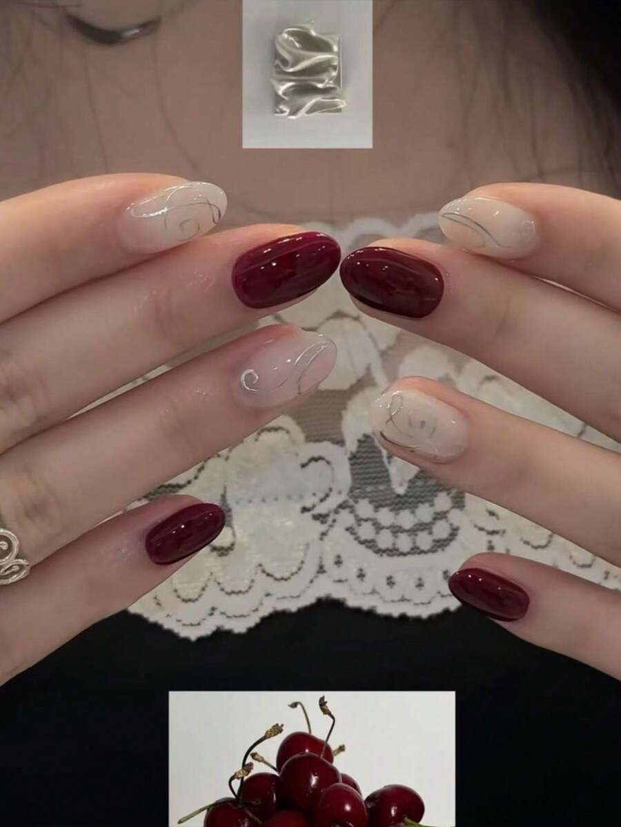 30pcs Short Oval Cherry Red Glossy Acrylic Nail Tips Set, Perfect Fit False Nails, Includes 1pc Jelly Glue And 1pc Nail File - 彩色 - 查看 1