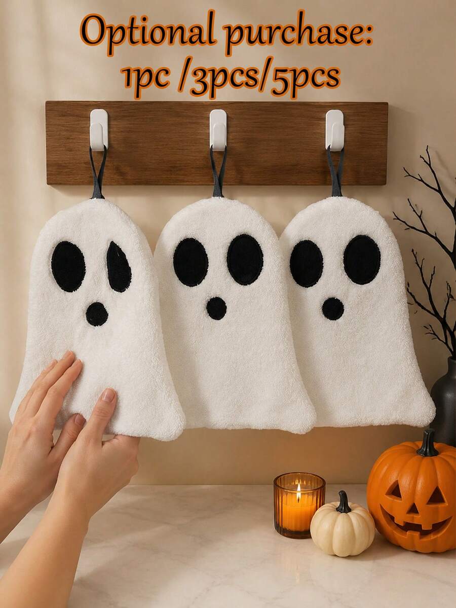 1pc/3pcs/5pcs Cute & Fun Ghost Pattern Hand Towels, Highly Absorbent, Quick Drying, Soft & Skin-Friendly, Decorative Towels For Kitchen & Bathroom, Creative Home Gifts - White - View 1