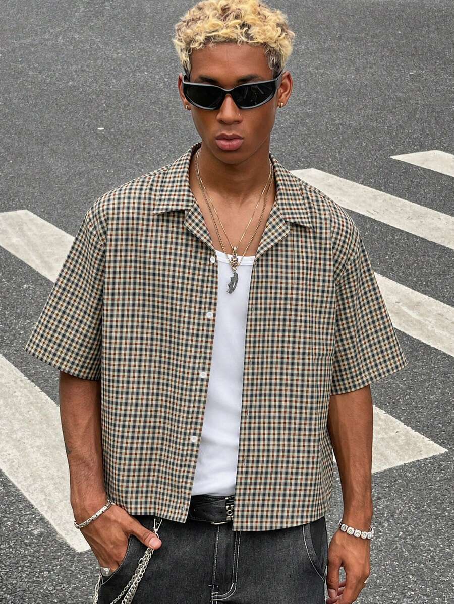 HOMIIE Men Retro Small Plaid Short Sleeve Cropped Boxy Shirt, Lapel Collar Button Down Loose Fit Casual Streetwear Top, Back To School Daily Outfit - Multicolor - View 1
