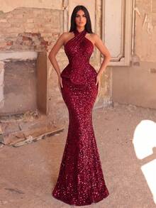 Shiny Red Sequin Halter Neck Long Mermaid Dress, Charming Sleeveless Bodycon Design Evening Gown, Suitable For Formal Occasions, Dinner Parties, Events - Burgundy - View 5