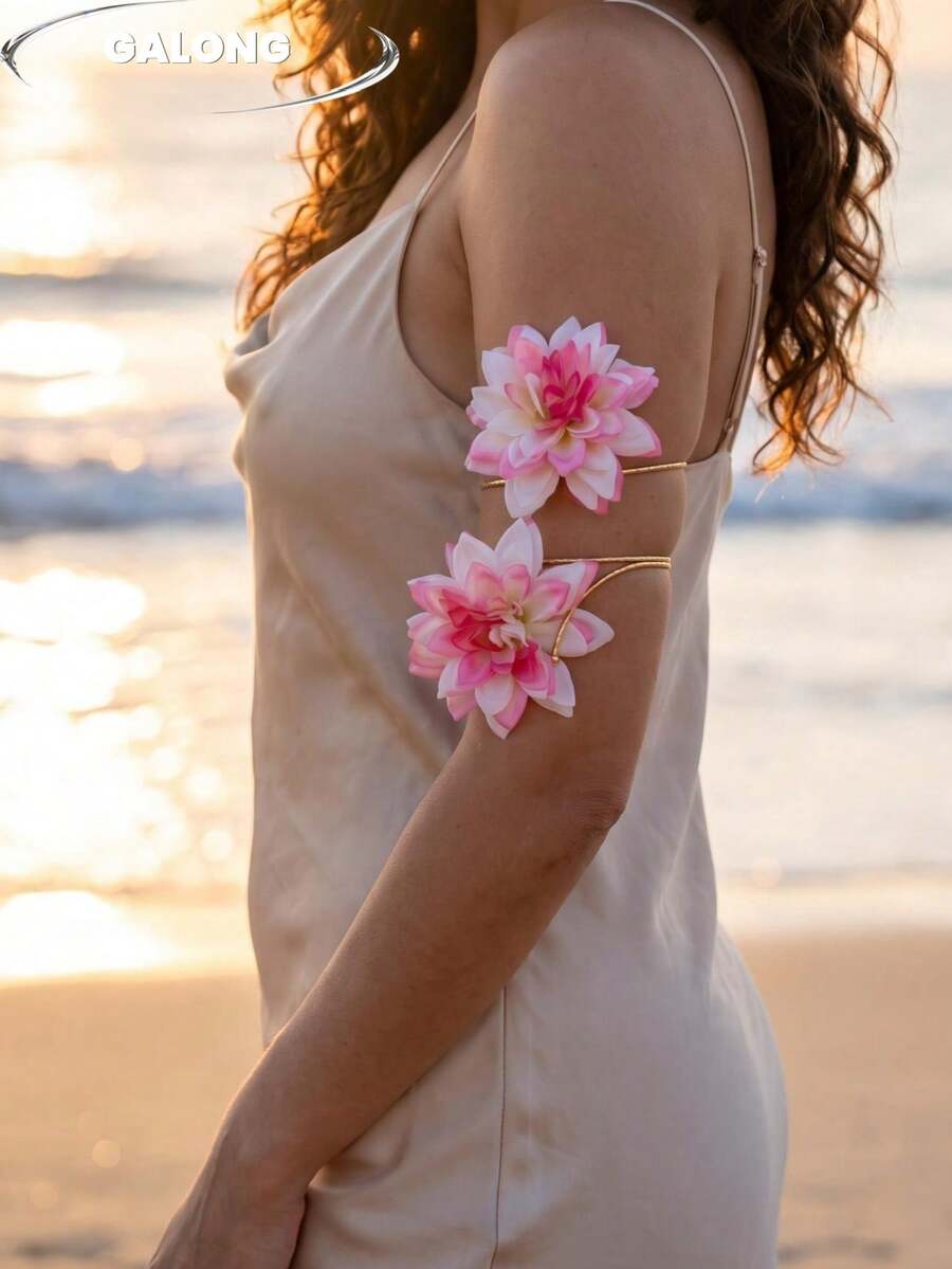 Beach Vacation Floral Arm Cuff Bohemian Style Pink Dahlia Bracelet Personalized Double Layer Arm Chain Beach Photography Accessory - Pink - View 1