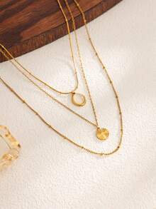 1pc Stainless Steel Exquisite Cat Eye Stone Pendant Gold Multi-Layer Stackable Necklace, Suitable For Women's Daily Wear, Dating And Party Occasions. - Gold - View 4