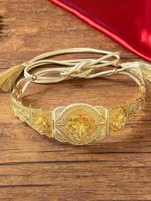 1pc Elegant Middle Eastern Hollow Fine Floral Carved Design Gold-Plated Arabic Wedding Waist Belt - Gold - View 8