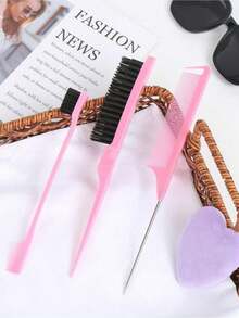 3pcs/Set Styling Comb Kit: Pointed Tail Comb, Multi-Function Comb, Eyebrow Brush, Hair Styling Comb, Tail Comb, Hair Styling Tools, Suitable For Salon And Home Use, Hairstylist Supplies, Anti-Static Detangling Brush, Salon Hair Brush, Rat Tail Comb, Wide Tooth Comb - Multicolor - View 10
