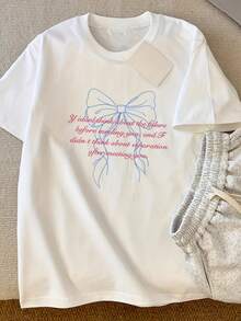 2026 Korean Sweet Spicy Bow Letter Graphic Oversized Tee For Ladies, Light Short Sleeve  Youth Summer Daily Wear - 白色 - 查看 2