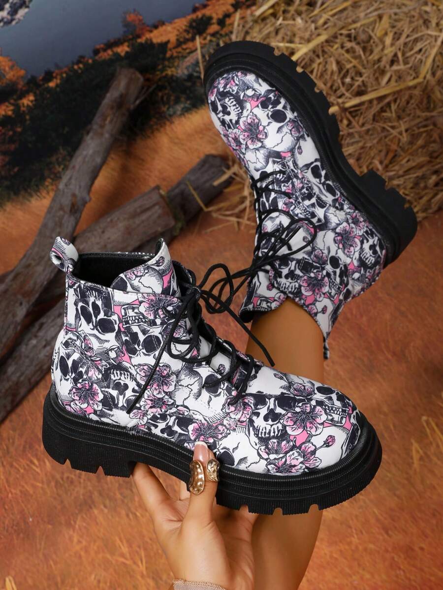 1 Pasang Sepatu Bot Bergaya Punk Y2K dengan Motif Tengkorak dan Sol Tebal, Desain Unik, Sepatu Bot Pendek Setinggi Mata Kaki, Sepatu Streetwear - Grey - View 1