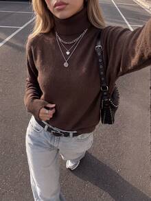 Women's Cozy Chocolate Brown Knit Turtleneck Sweater, Long Sleeve Pullover For Fall & Winter Daily Wear - Brown - View 4