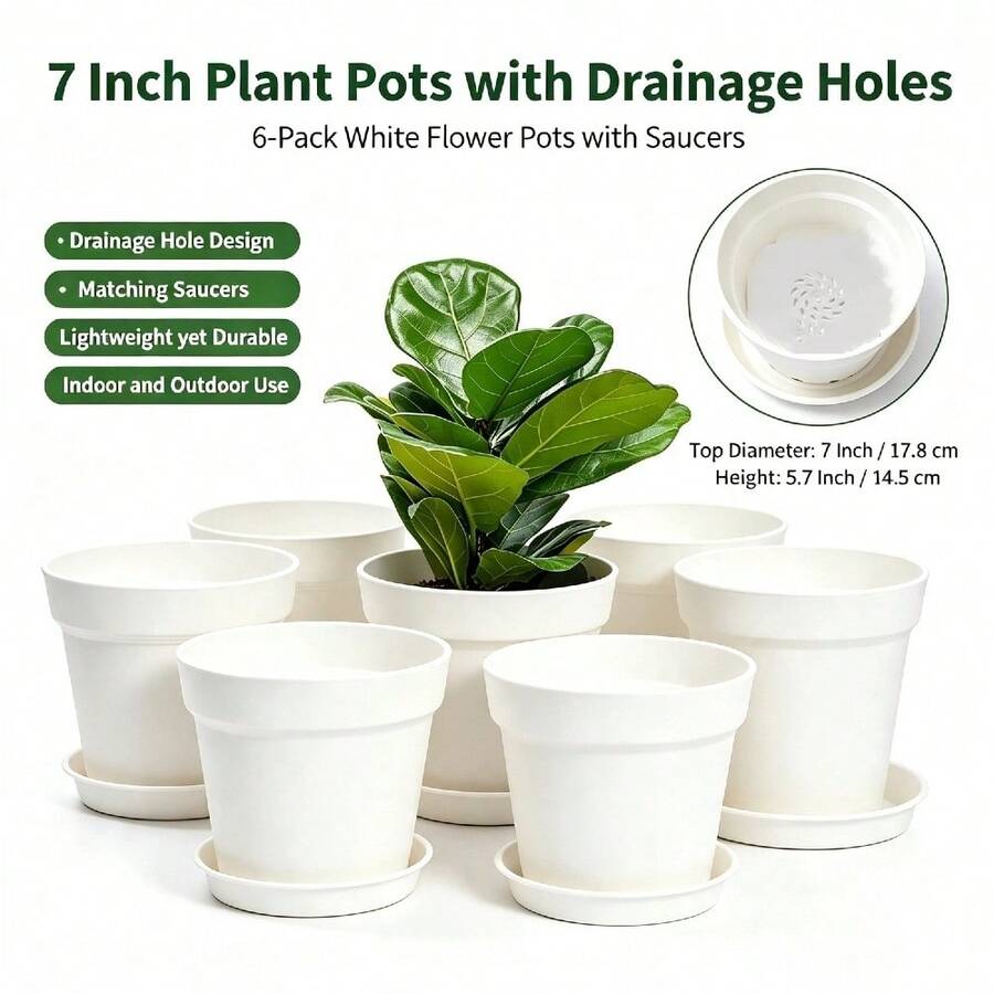 6-Pack White Plastic Plant Pots, 7 Inch Flower Pots With Trays For Indoor Plants - A - View 1