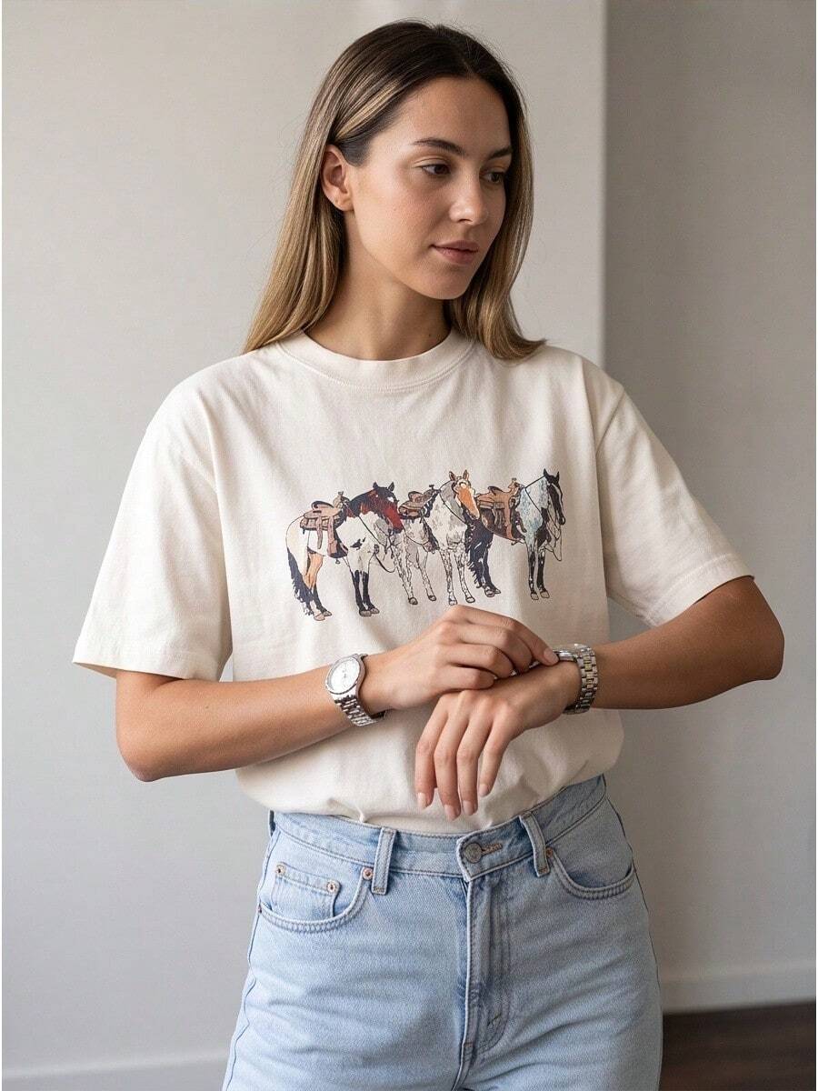 Basic Crew Neck Graphic Casual T-Shirt For Ladies, Daily Spring Summer Outfit - 白色 - 查看 1
