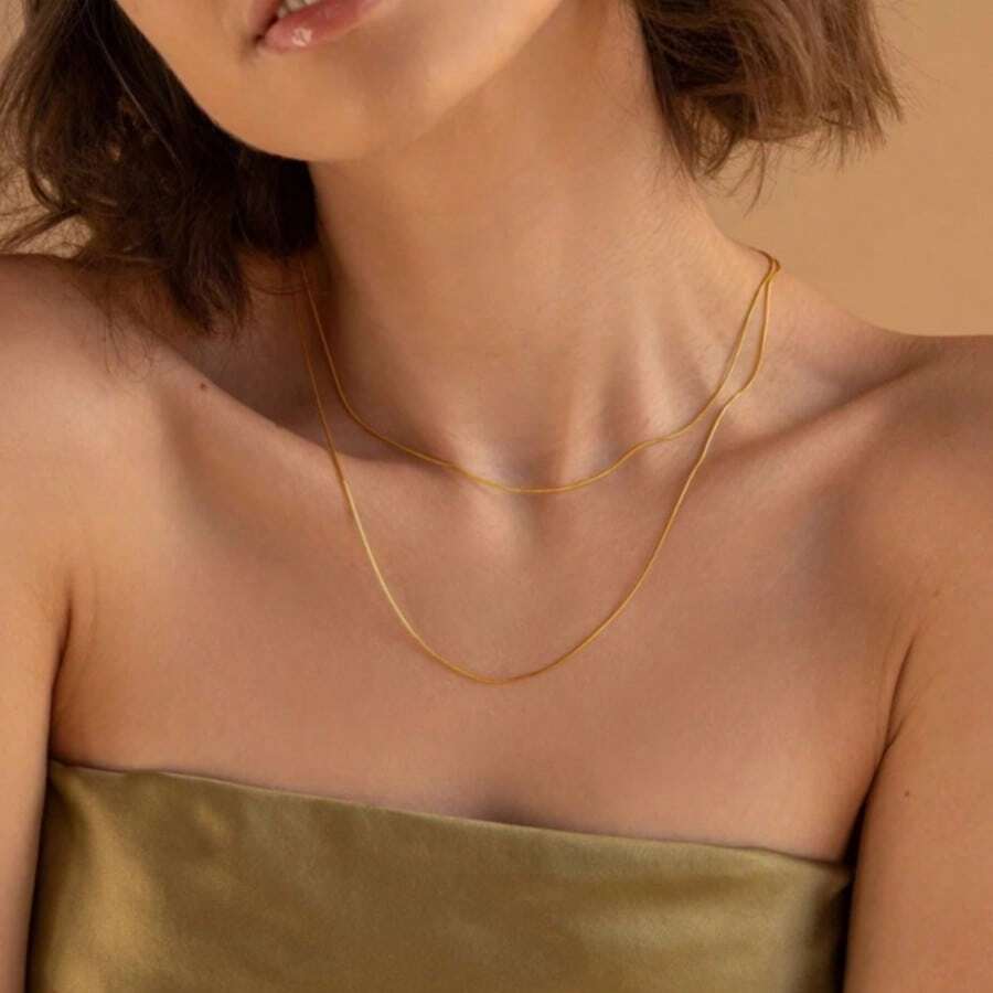 1 Set Minimalist Fashion Niche High-End Design 18K Gold Plated 304L Stainless Steel Snake Chain Necklace, Suitable For Summer, Beach, Vacation, Daily Commute, Versatile For Women - Multicolor - View 1