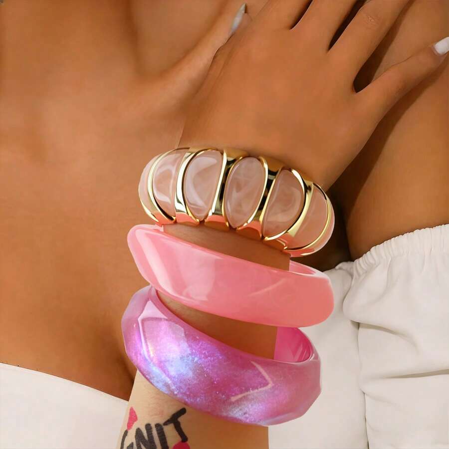 GNIT Y2K Pink Resin & Gold Bracelet Set For Women, 3PCS/1pc Stackable Bangles With Iridescent Faceted Cut & Marbled Design, Tren - Glitter.Rose Gold.Pink - View 1