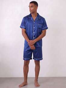 Snug League Conjunto de pijama de satén para hombre de 2 piezas, incluye pantalones cortos, chaqueta de dormir de seda, top cárdigan de manga corta con botones - Azul - Ver 4