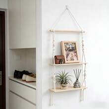 1 pieza Colgante de pared de macramé estilo bohemio, estantería decorativa de 2 niveles para almacenamiento de pared, tapiz decorativo para sala de estar, dormitorio, fondo de pared, estantería de almacenamiento con borlas, decoración de pared de arte de fibra, hecho a mano, tejido de encaje, tabla de madera de doble capa - Sin decoración - Beis - Ver 3
