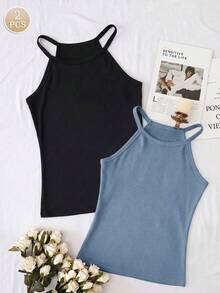 2pcs Women's Solid Color Spaghetti Strap Sleeveless Basic Tank Tops, Regular Fit - Multicolor - View 7