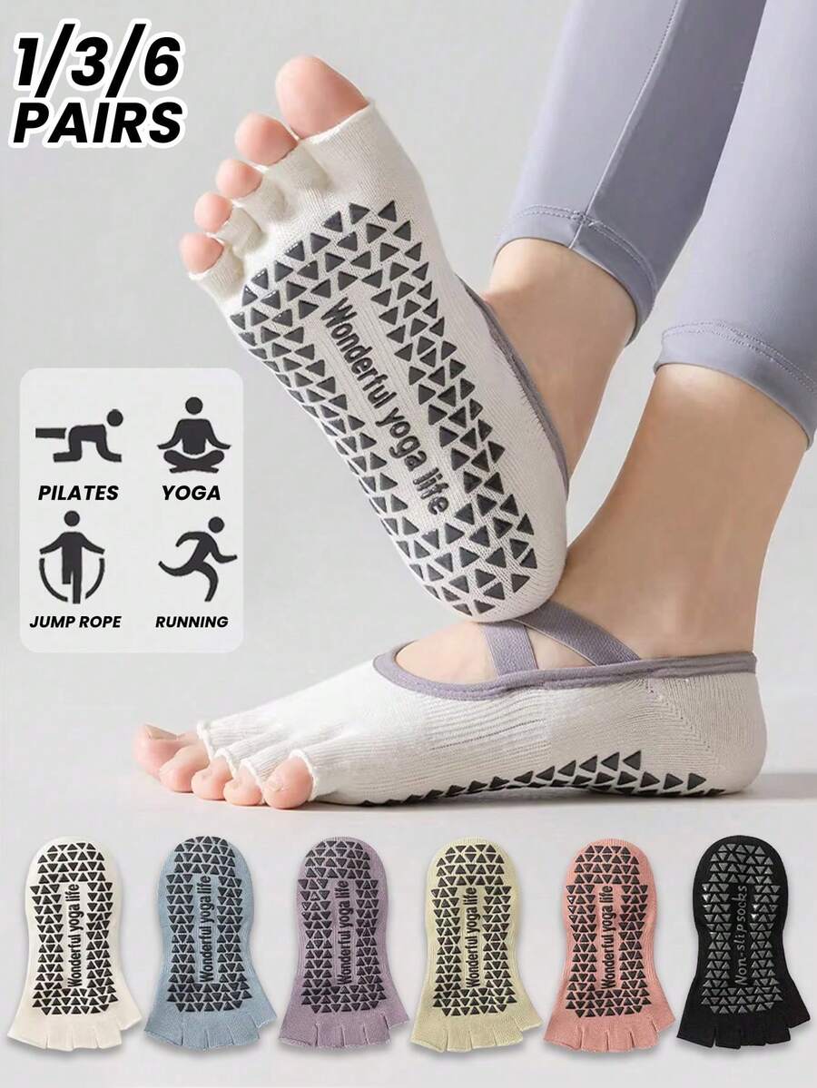 1/3/6 Pairs Women's Open Toe Five-Finger Yoga Socks, Summer Thin Professional Non-Slip Adult Indoor Sports Split Toe Pilates - Multicolor - View 1