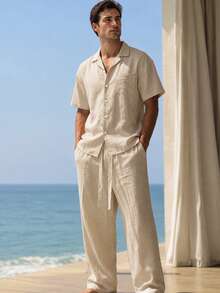 2pcs Apricot Faux Linen Men's Vacation Set, Men's Shirt And Long Pants Set, Loose Draping Breathable Long Pants 2 Pieces Set, Vacation Style, Machine Washable, Suitable For Beach Vacation Wear. Style Runs Large. Please Size Down For A Better Fit - Apricot - View 5