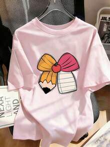 [Back To School]青少年女孩 1件印花短袖套頭T恤，青少年學生兒童服飾，適合青少年女孩的夏季禮物 - 粉色 - 查看 2