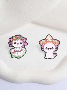 Pair Mexican Folk Axolotl Enamel Pin Traditional Sombrero Dance Skirt Cartoon Brooch Latin Style Backpack Decor Badge - Multicolor - View 5