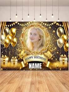 1pc Customizable Photo Name Gold Background Happy Birthday Backdrop, Gold Balloons, Cake, Fireworks, Floral Design, Suitable For Birthday, Bridal Shower, Party Gifts, Party Decor, Photography Backdrop, Vinyl Material - Gold - View 2