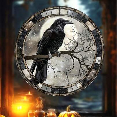 Halloween Crow Static Window Cling Decor - 1pc, PET Static Film Sticker, Sun-Catching Decal, Suitable For Home Garden Glass Decoration, Ideal For Parties, RVs And Glass Window Interior/Exterior Beautification