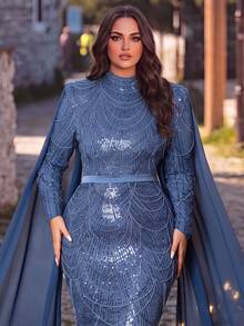 Elegant Long Sleeve Stand Collar Evening Gown With Flowing Cape Design, Suitable For Gala, Red Carpet, Wedding, Evening Party - Dusty Blue - View 3