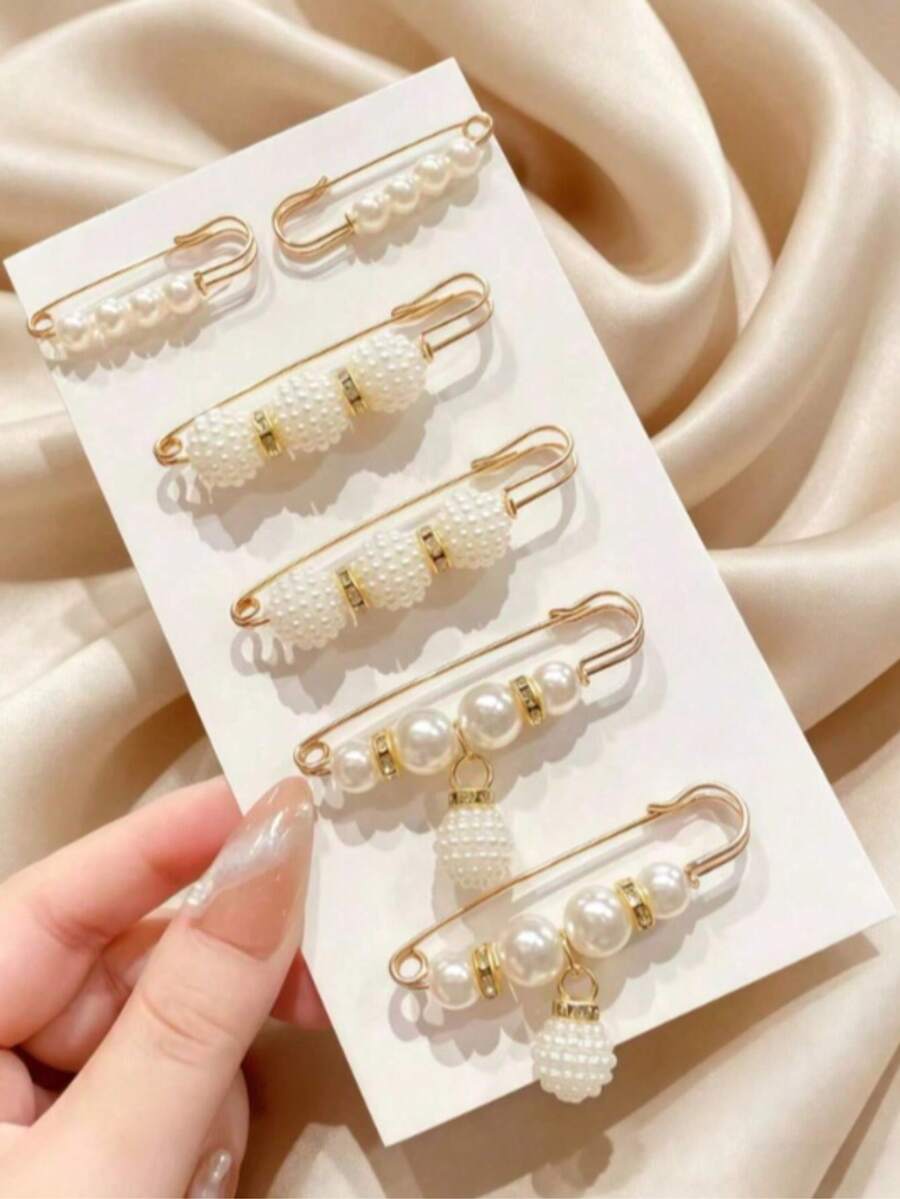 3件組女款珍珠腰部別針胸針,可調節腰帶調整扣,適用於衣服與褲子,收腰配件,防走光胸針(無卡片) - 米色 - 查看 1
