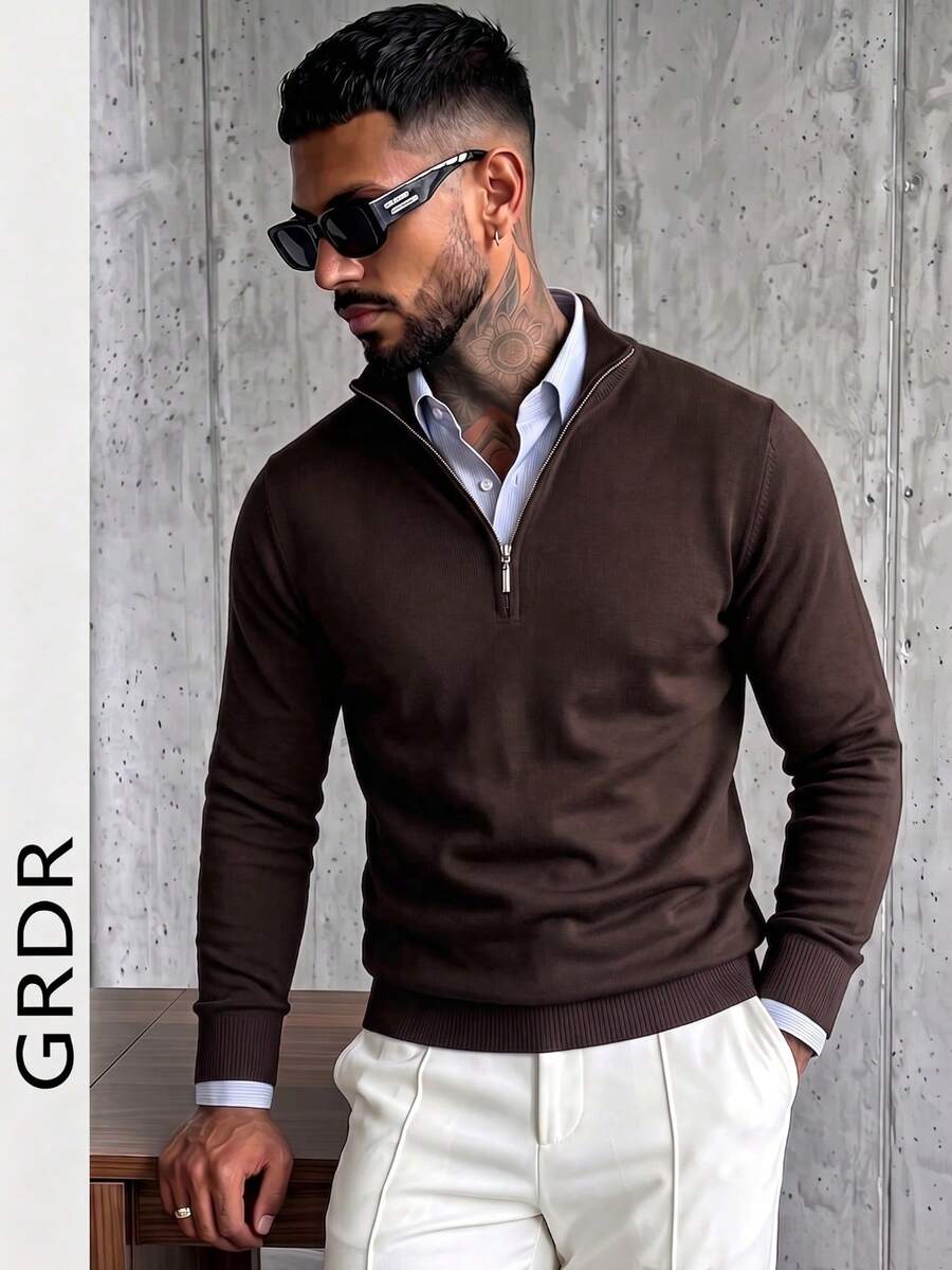 GRDR Sweater Pria Lengan Panjang Kasual dengan Resleting Setengah, Kardigan Rajut Serbaguna untuk Pemakaian Sehari-hari