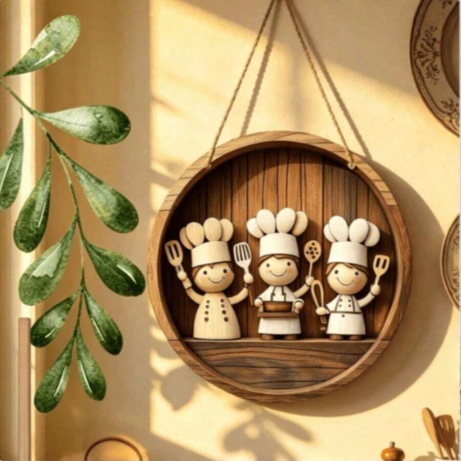 2D Flat Design Chef Logo Hanging Decor, Charming Round Wooden Wall And Porch Decorative Plaque, Art Deco Style, Multi-Purpose Indoor And Outdoor Hanging Ornament, Suitable For All Seasons, Rustic Porch Decoration, Gift For Friends - Khaki - View 1