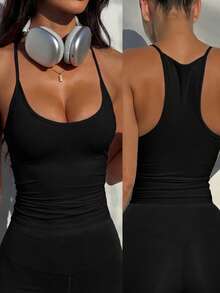 Solid Color Ribbed Backless Halter Tank Top, Suitable For Vacation And Beach Casual Black - Black - View 3