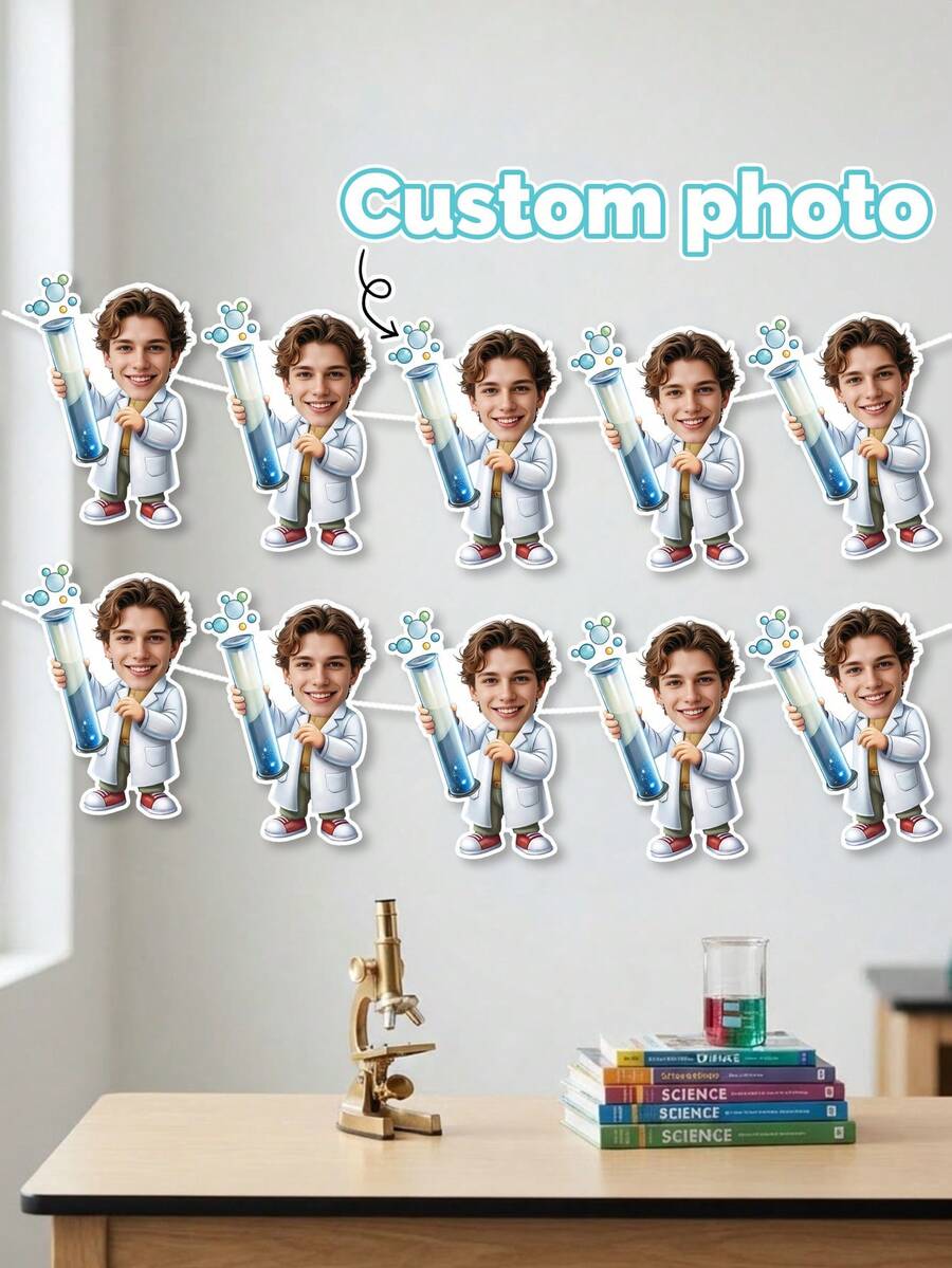 8/16/24pc Custom Lab Coat Scientist Photo Bunting Banner, Personalized Upload Image Science Bnner ,Hanging Flag For Science Theme Party Indoor Wall Backdrop Table Decor Supplies,Personalized Gifts - Multicolor - View 1