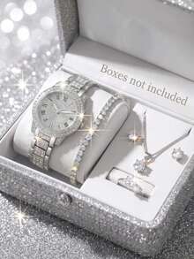 6pcs/Set Elegant Fashion Women's Wristwatch, Rhinestone Luxury Round Dial Women's Watch, Rhinestone Alloy Jewelry Set, Exuding Elegance, Suitable For Daily Decoration, Holiday Parties, Valentine's Day And Other Occasions, Holiday Gift For Girlfriend, Women's Wristwatch, Gift For Friends - Silver - View 1