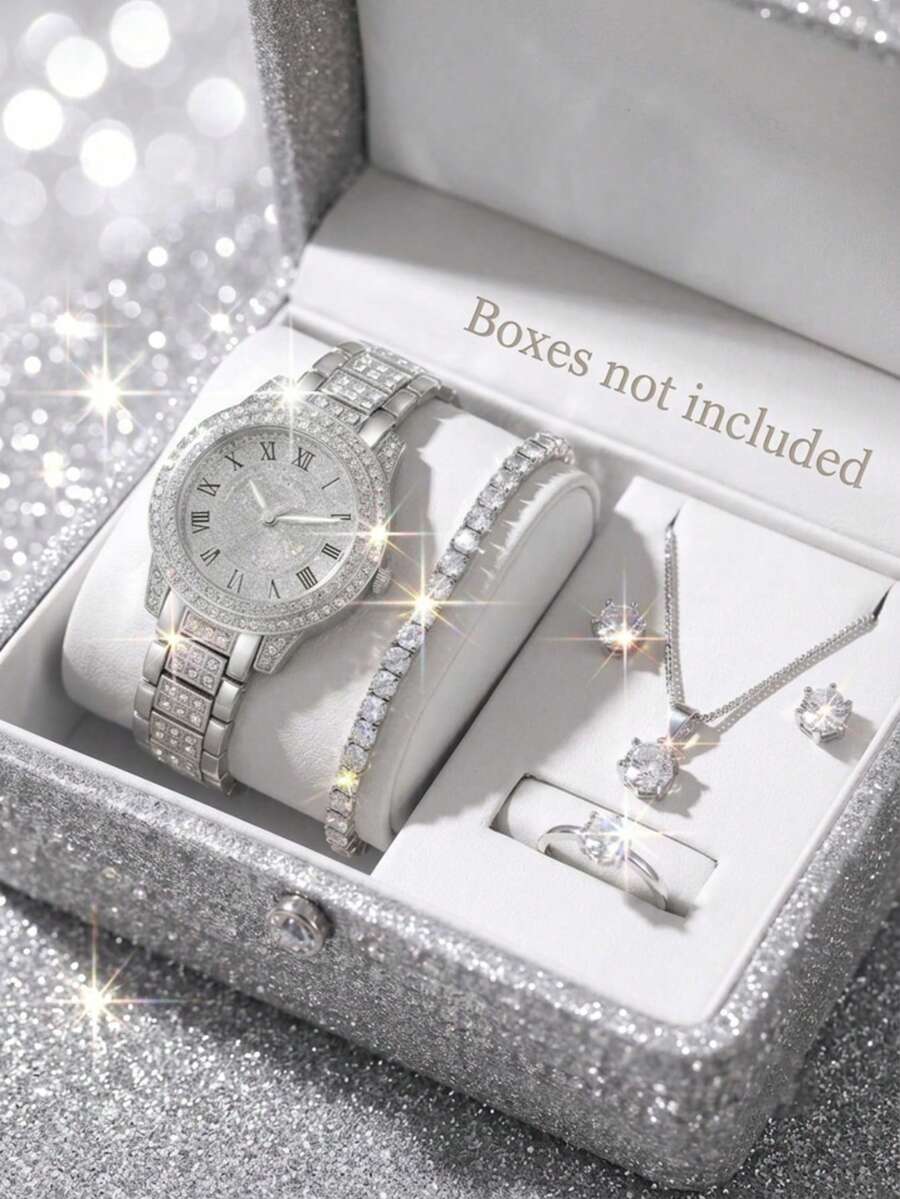 6pcs/Set Elegant Fashion Women's Wristwatch, Rhinestone Luxury Round Dial Women's Watch, Rhinestone Alloy Jewelry Set, Exuding Elegance, Suitable For Daily Decoration, Holiday Parties, Valentine's Day And Other Occasions, Holiday Gift For Girlfriend, Women's Wristwatch, Gift For Friends - Silver - View 1