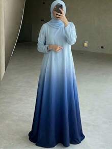 Elegant Gradient Color Long Sleeve Round Neck Knit Fabric Arabic Style Maxi Dress, Solid Blue Gradient Long Dress, Casual Loose Hem Muslim Maxi Dress - Blue - View 1