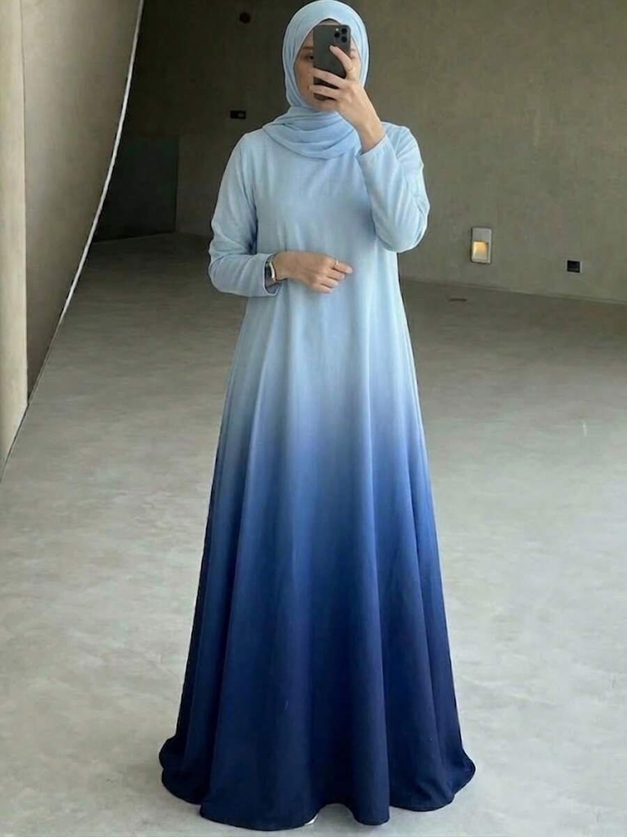 Elegant Gradient Color Long Sleeve Round Neck Knit Fabric Arabic Style Maxi Dress, Solid Blue Gradient Long Dress, Casual Loose Hem Muslim Maxi Dress - Blue - View 1