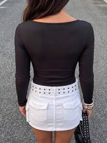 Casual Hot Girl Metal Rivet Decor Deep U-Neck Ribbed Slim Fit Long Sleeve Top, Autumn/Winter New Style, Street Party Daily Versatile - Black - View 3