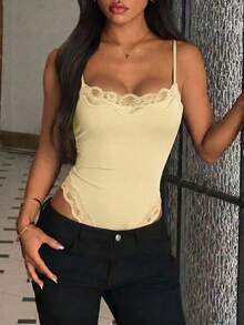 春夏性感Y2K蕾絲拼接細肩帶無袖修身連身衣 女款休閒約會度假派對運動音樂節 黃色 - 黃色 - 查看 3