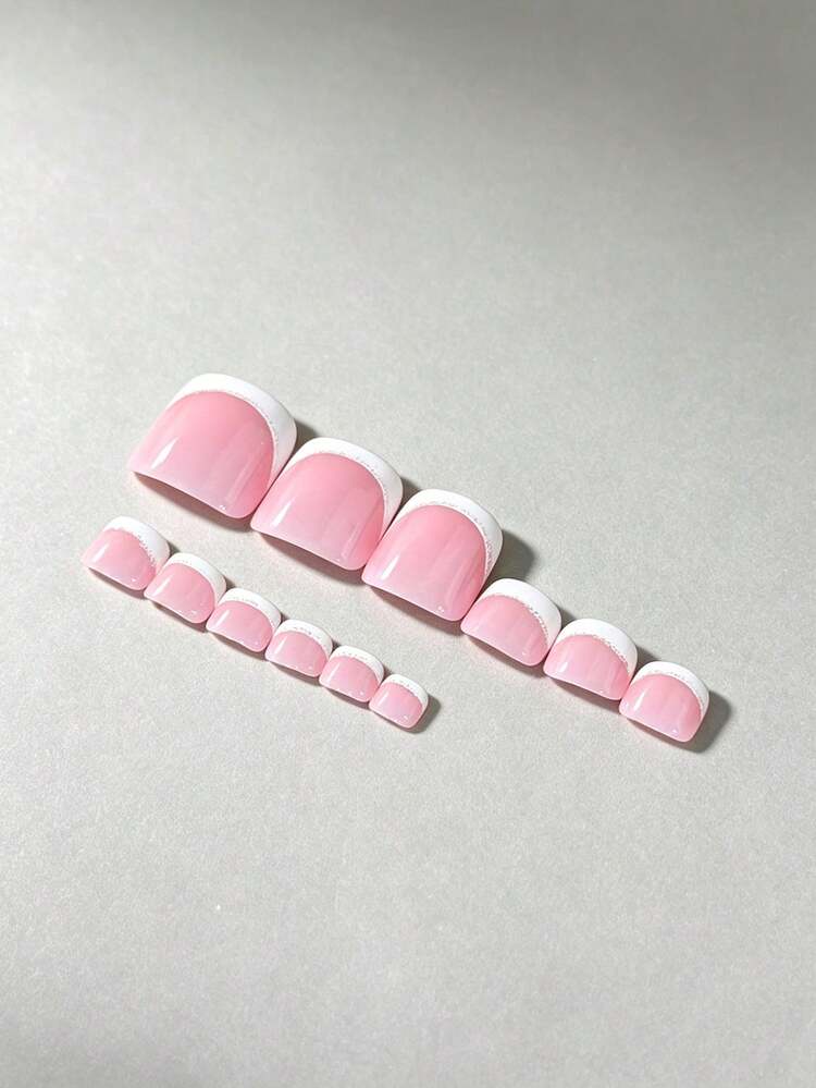 12片法式美甲貼片，含12片腳趾甲貼片，銀色亮片白色法式風，短款全覆蓋亮面假指甲套組 - 彩色 - 查看 2
