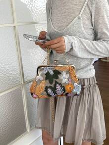2026新款鏈條亮片女款時尚晚宴包 手拿包 單肩斜挎包 純色扣環鏈條手提包[隨機圖案位置] - 橘色 - 查看 9