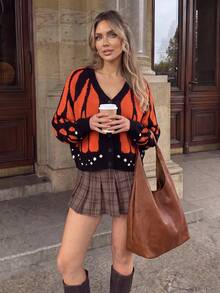 Women's Black & Orange Butterfly Wing Jacquard V-Neck Knit Long Sleeve Cardigan, Star Print Hem Short Length Outerwear, Suitable For Autumn/Winter - Multicolor - View 7