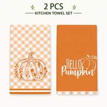 2/4/6/8pcs Yellow Plaid Pumpkin Pattern Kitchen Towel Set, Machine Washable Absorbent Dish Cloths And Decorative Hand Towels, Suitable For Autumn, Thanksgiving, Halloween Kitchen And Home Decor - Multicolor - View 12