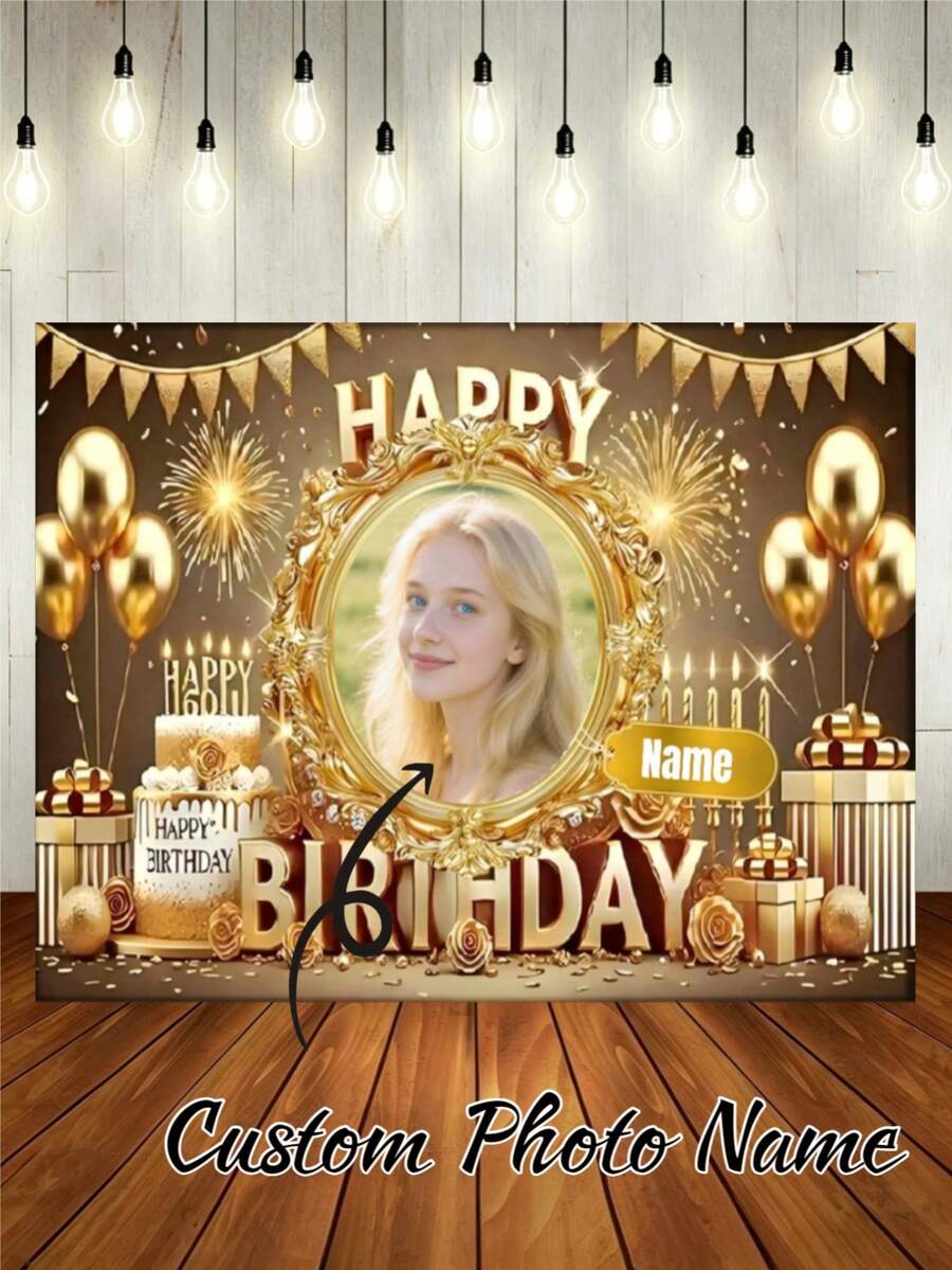 1件可定制照片姓名金色背景生日快乐背景幕布,包含金色气球、蛋糕、烟花、花卉图案,适用于生日、新娘送礼会、派对礼物、派对装饰、摄影背景,乙烯基材质。 - 彩色 - 查看 1