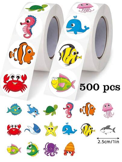 500pcs/Roll Ocean Fish Doodle Stickers, 1 Inch Round, 16 Kinds Of Animals Including Crab, Turtle, Fish, Jellyfish, Dolphin, 2 Sty, First Day Of School