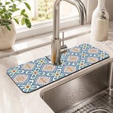 1pc Printed Pattern Diatomaceous Earth Faucet Absorbent Mat, Quick-Drying Non-Slip Sink Splash Guard, Rubber Bottom Kitchen Bathroom Faucet Drainage Pad, Countertop Splash Protection Mat - Multicolor - View 3